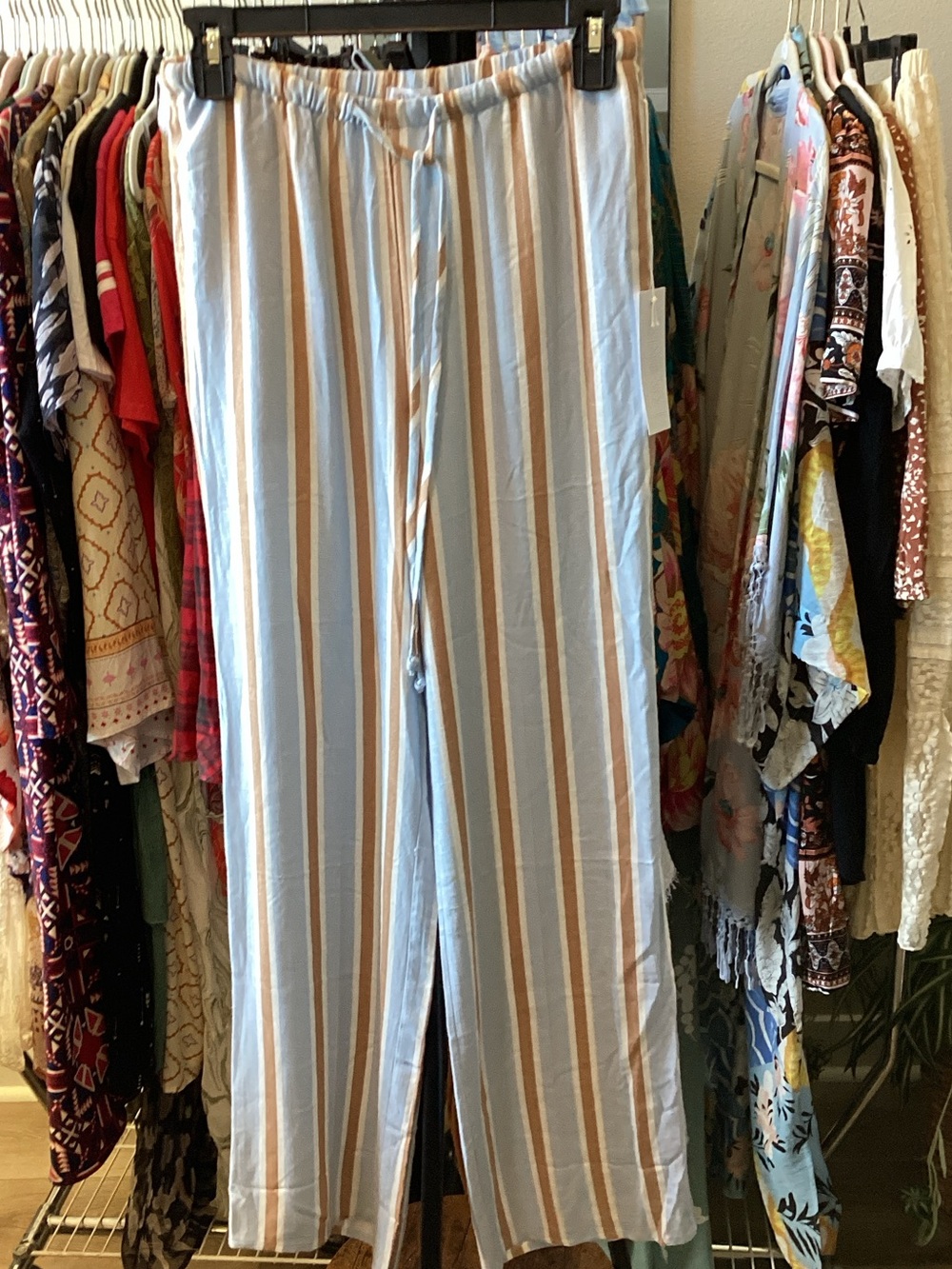 Sienna sky Light Blue and Tan Striped  Drawstring Pants